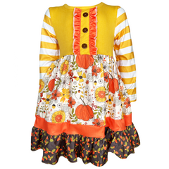 Girls Autumn Pumpkin Floral Cotton Knit Fall Long Sleeve Dress - Horizon Bliss