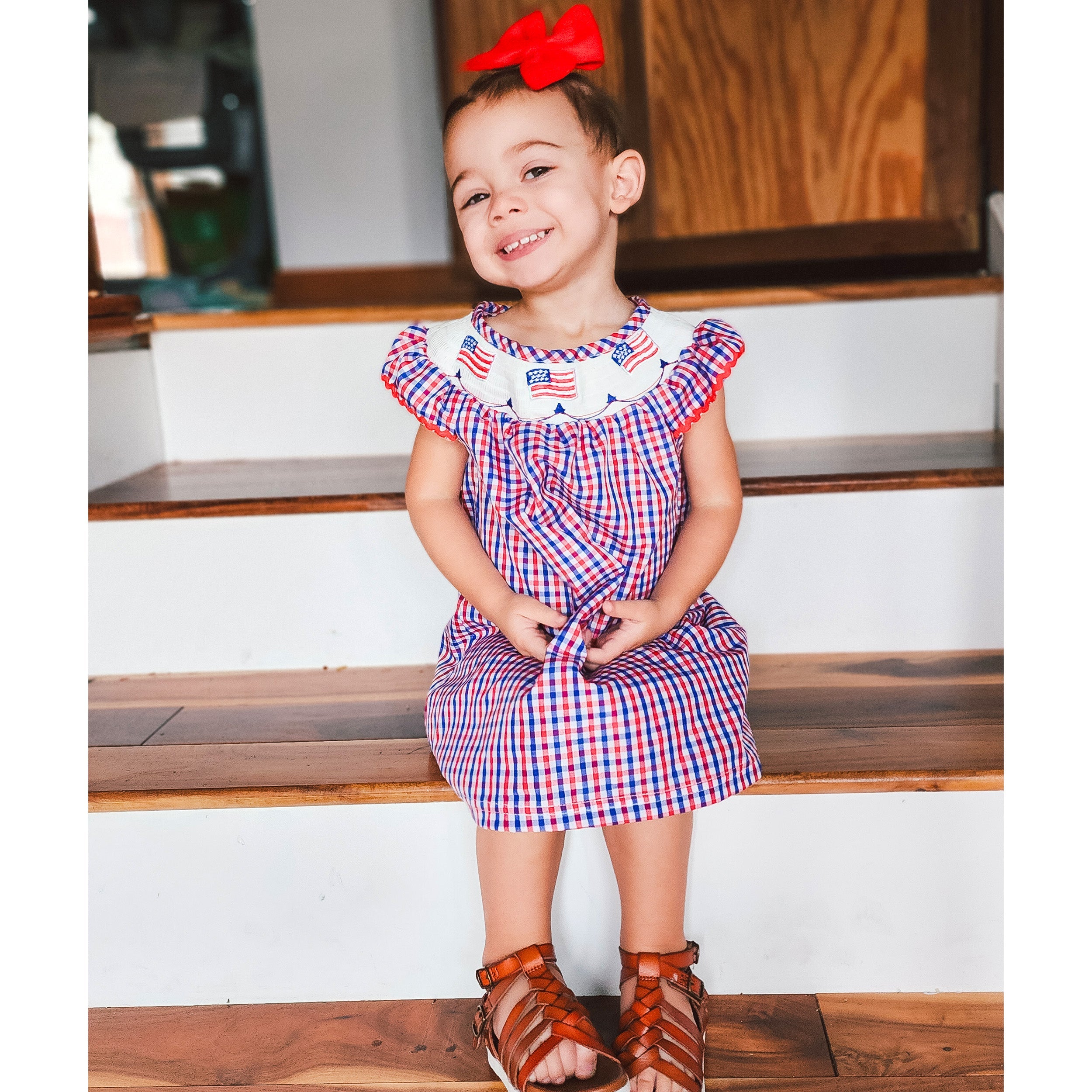 Girls 4th of July Patriotic Flags Stripes with Stars Swing Dress - Horizon Bliss