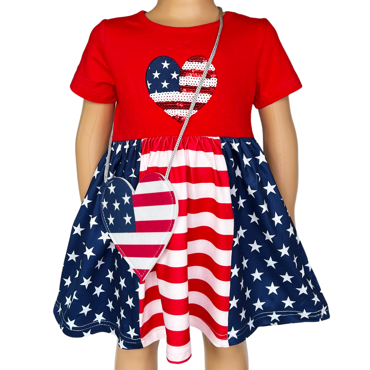 Girls 4th of July American Flag Heart Holiday Dress with Purse - Horizon Bliss