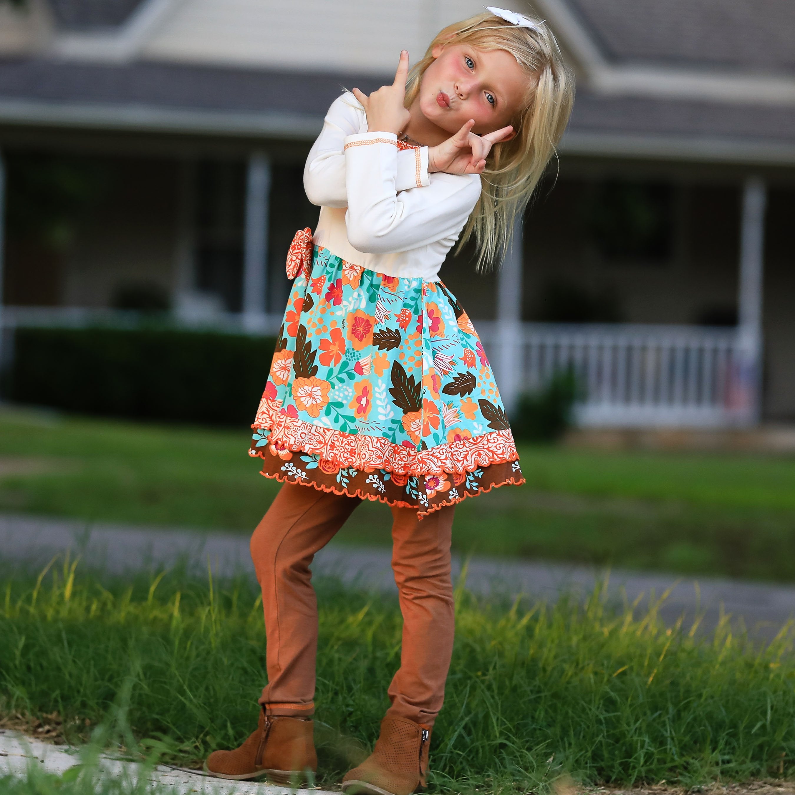 AnnLoren Girls Holiday Autumn Floral Ruffle Thanksgiving Dress & - Horizon Bliss