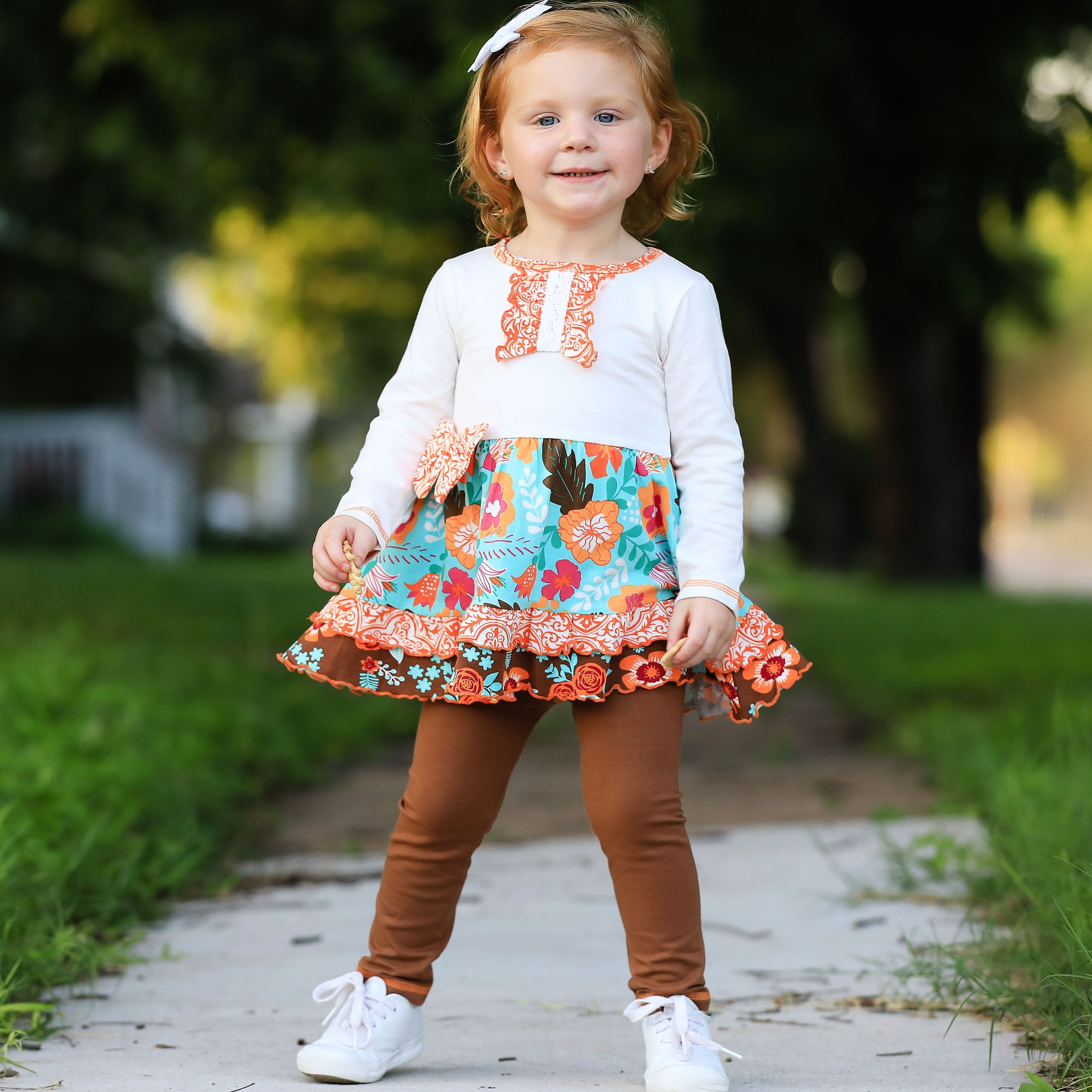 AnnLoren Girls Holiday Autumn Floral Ruffle Thanksgiving Dress & - Horizon Bliss