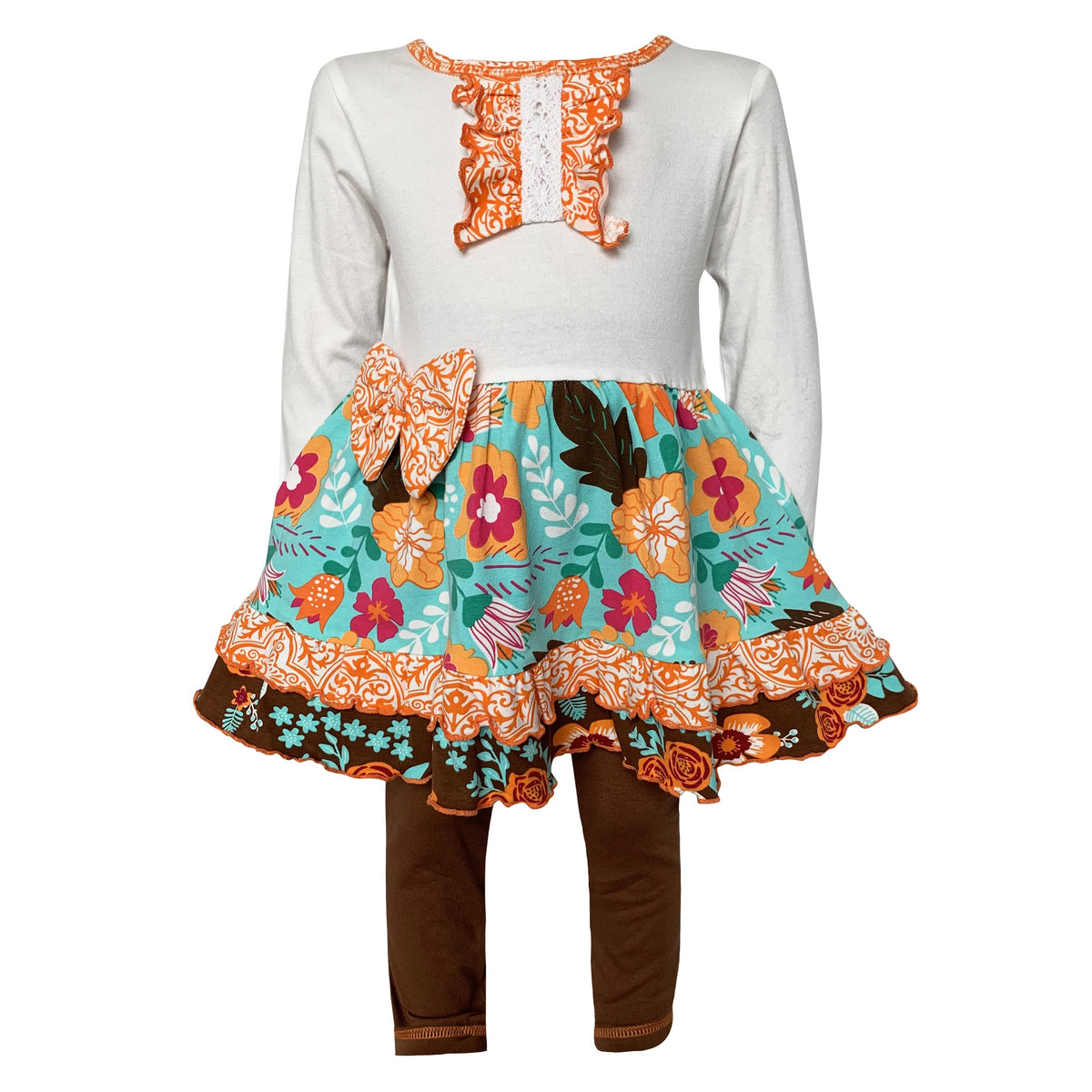 AnnLoren Girls Holiday Autumn Floral Ruffle Thanksgiving Dress & - Horizon Bliss