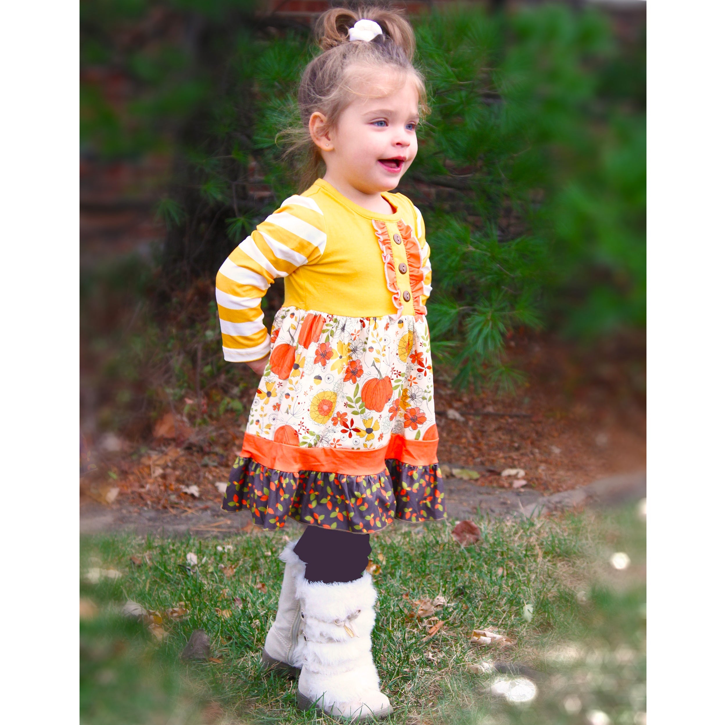 Girls Autumn Pumpkin Floral Cotton Knit Fall Long Sleeve Dress - Horizon Bliss