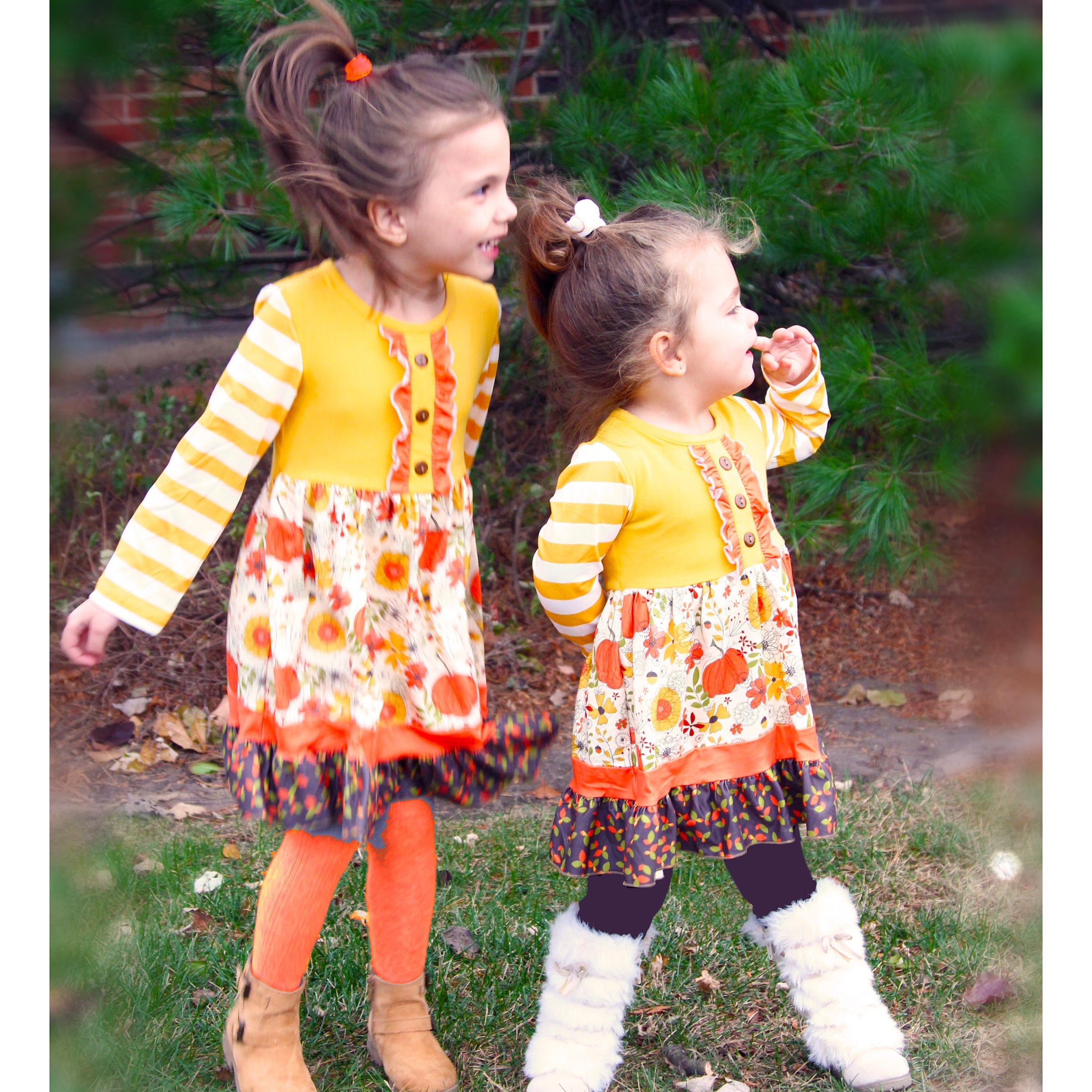 Girls Autumn Pumpkin Floral Cotton Knit Fall Long Sleeve Dress - Horizon Bliss