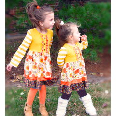 Girls Autumn Pumpkin Floral Cotton Knit Fall Long Sleeve Dress - Horizon Bliss