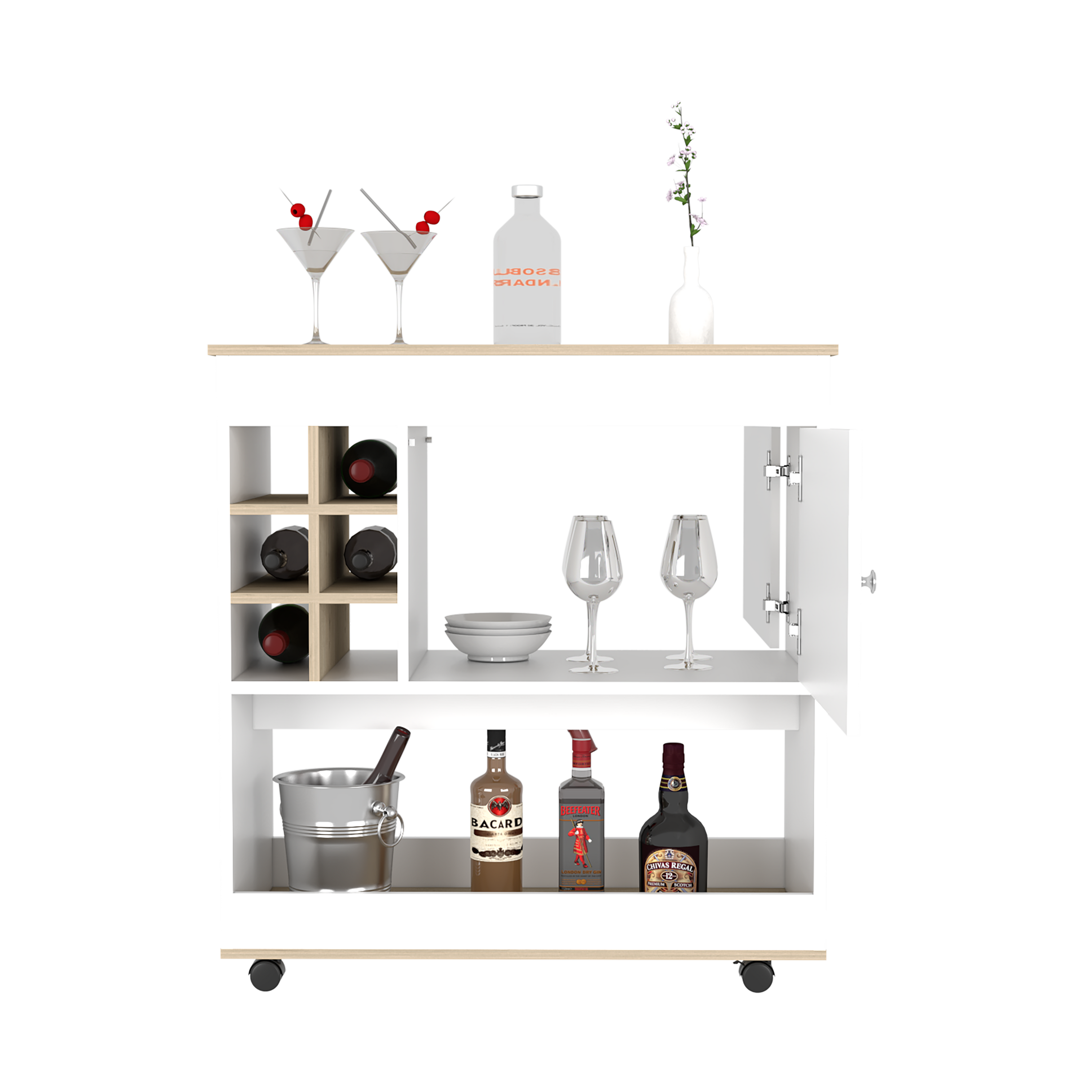 Bar Cart Aloha, Lower Panel, Six Bottle Cubbies, One Cabinet, Light - Horizon Bliss