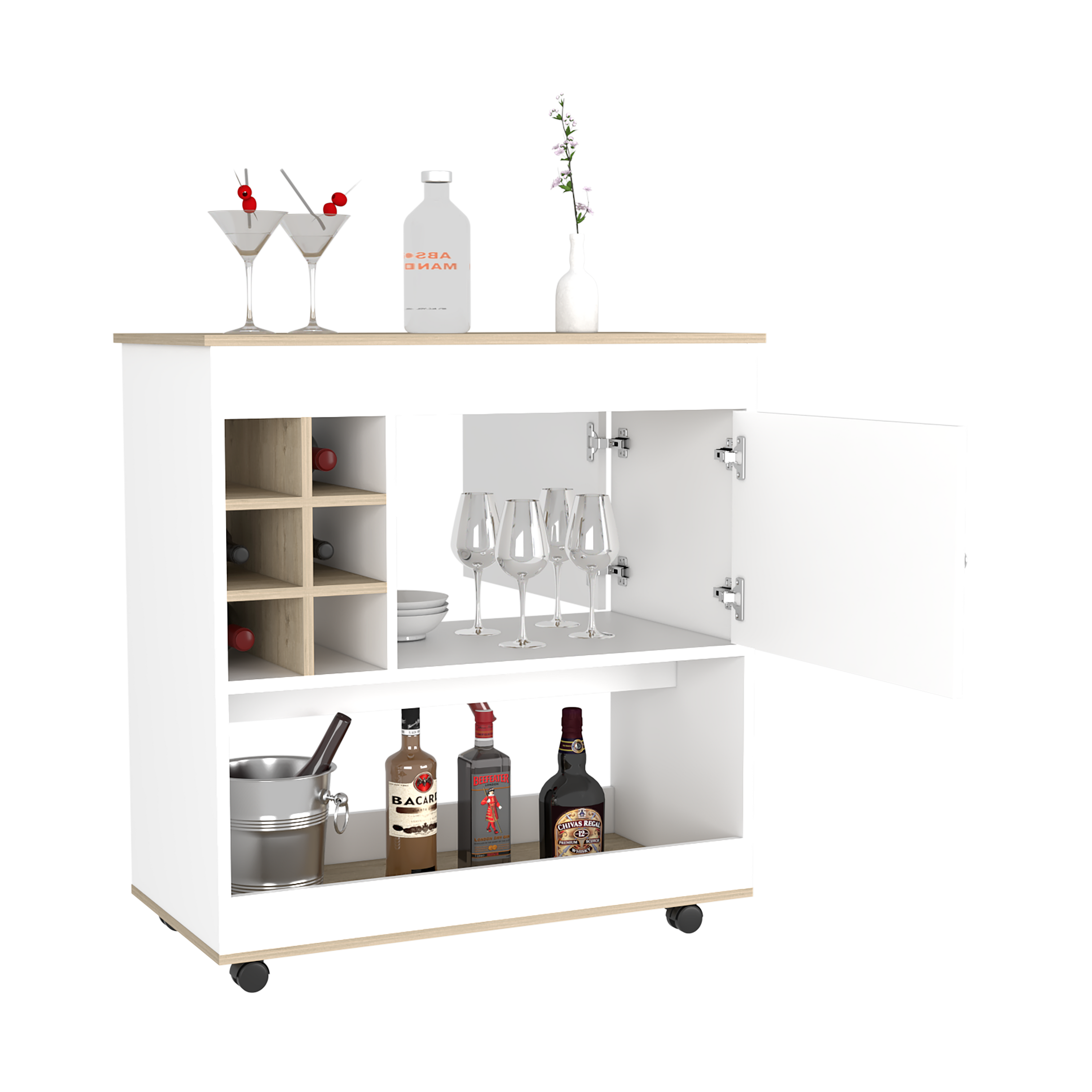 Bar Cart Aloha, Lower Panel, Six Bottle Cubbies, One Cabinet, Light - Horizon Bliss