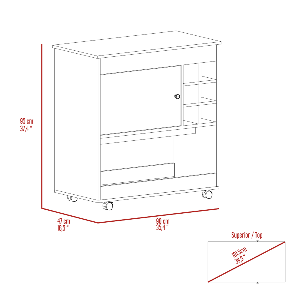 Bar Cart Aloha, Lower Panel, Six Bottle Cubbies, One Cabinet, Light - Horizon Bliss