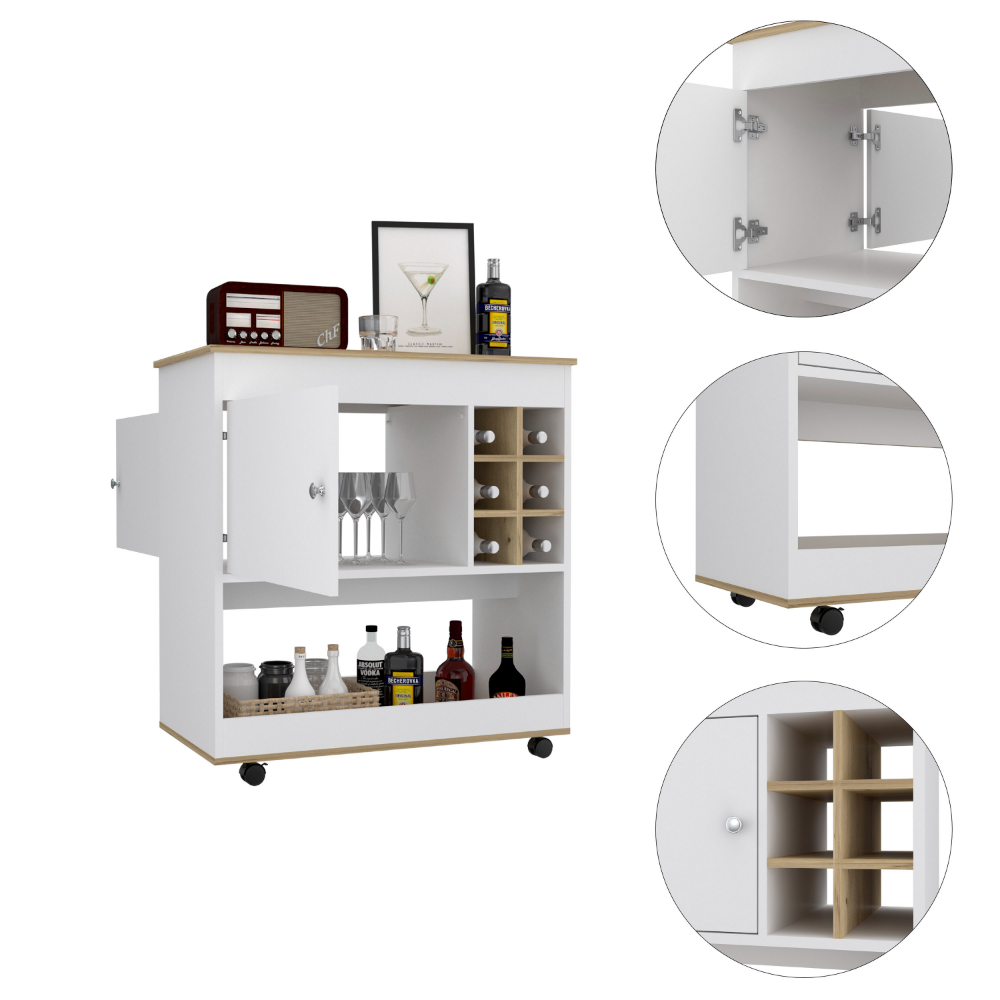 Bar Cart Aloha, Lower Panel, Six Bottle Cubbies, One Cabinet, Light - Horizon Bliss