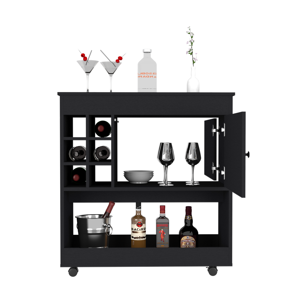 Bar Cart Aloha, Lower Panel, Six Bottle Cubbies, One Cabinet, Black - Horizon Bliss