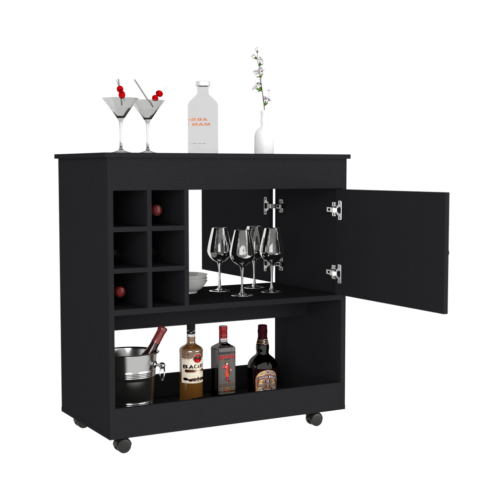 Bar Cart Aloha, Lower Panel, Six Bottle Cubbies, One Cabinet, Black - Horizon Bliss