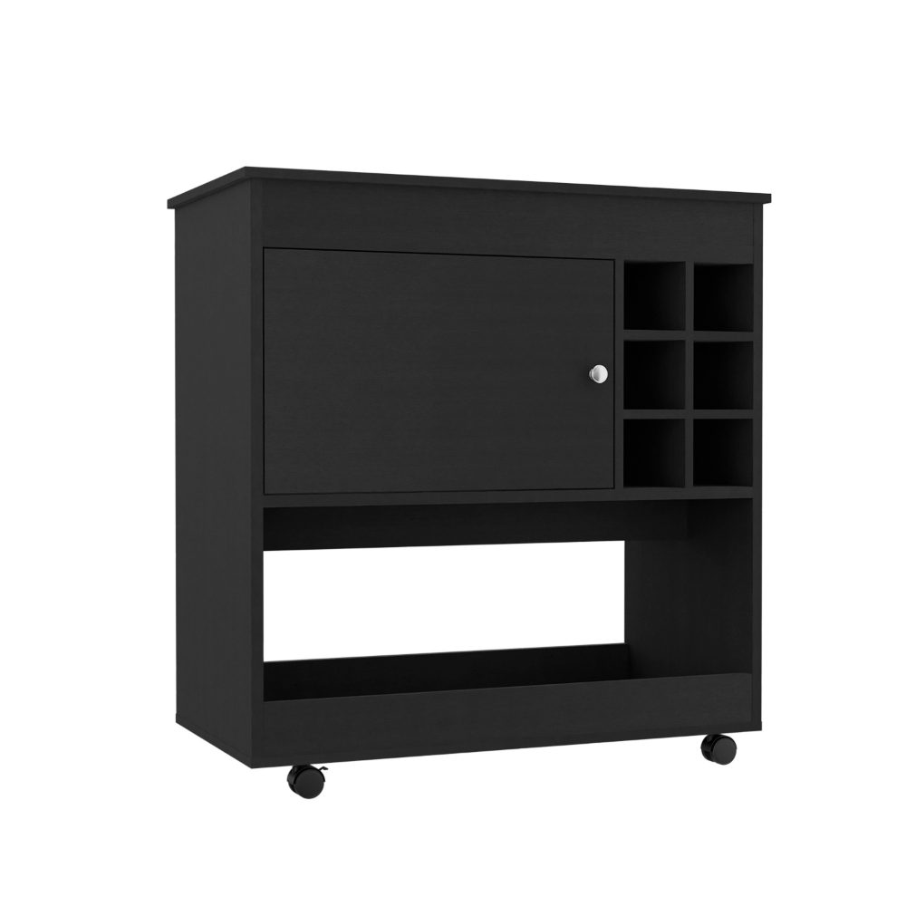 Bar Cart Aloha, Lower Panel, Six Bottle Cubbies, One Cabinet, Black - Horizon Bliss