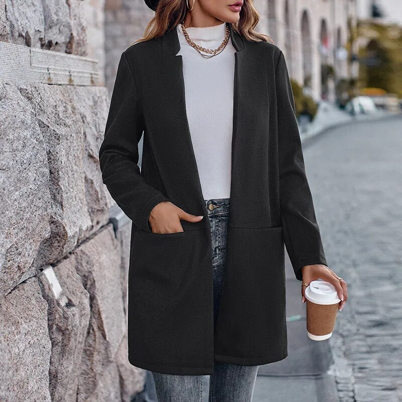 Solid Color Stand-up Collar Coats Women's Casual Long Sleeve Pocket - Horizon Bliss