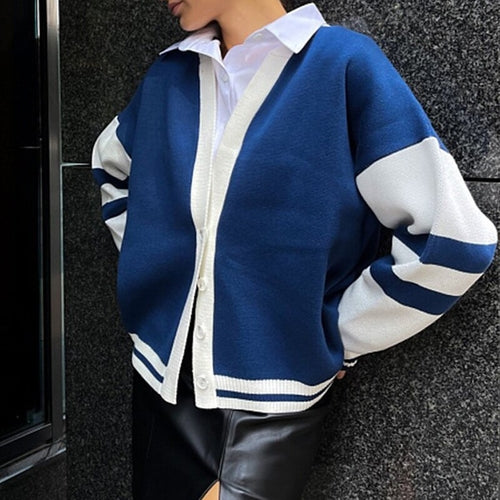 Autumn Striped Loose Jacket Sweater Fashion Contrast Color V Neck Coat - Horizon Bliss