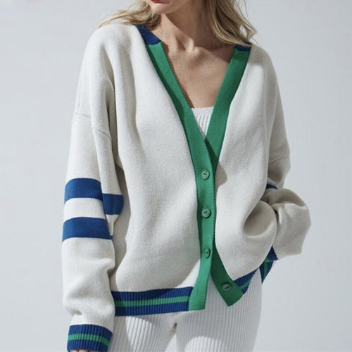 Autumn Striped Loose Jacket Sweater Fashion Contrast Color V Neck Coat - Horizon Bliss