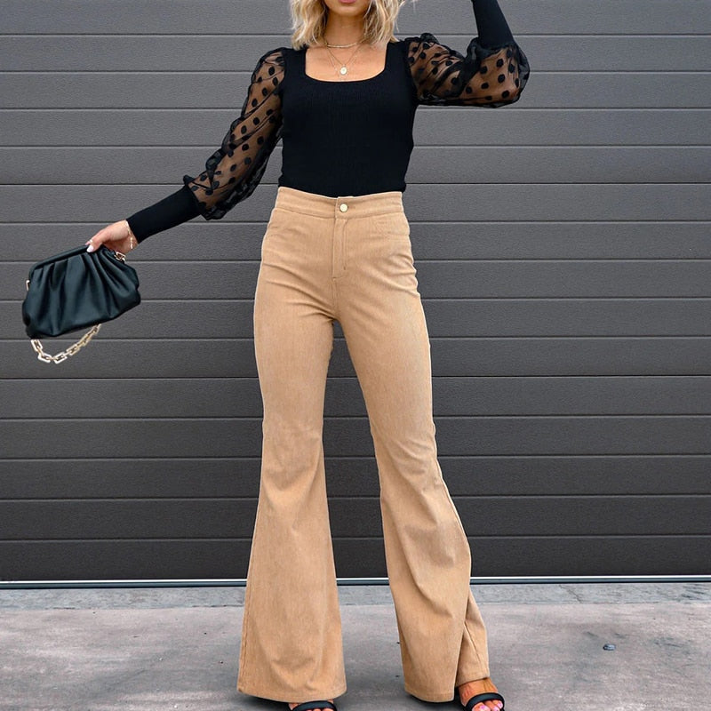 Corduroy Trousers Fashion Mid Waist Micro Flared Pants - Horizon Bliss