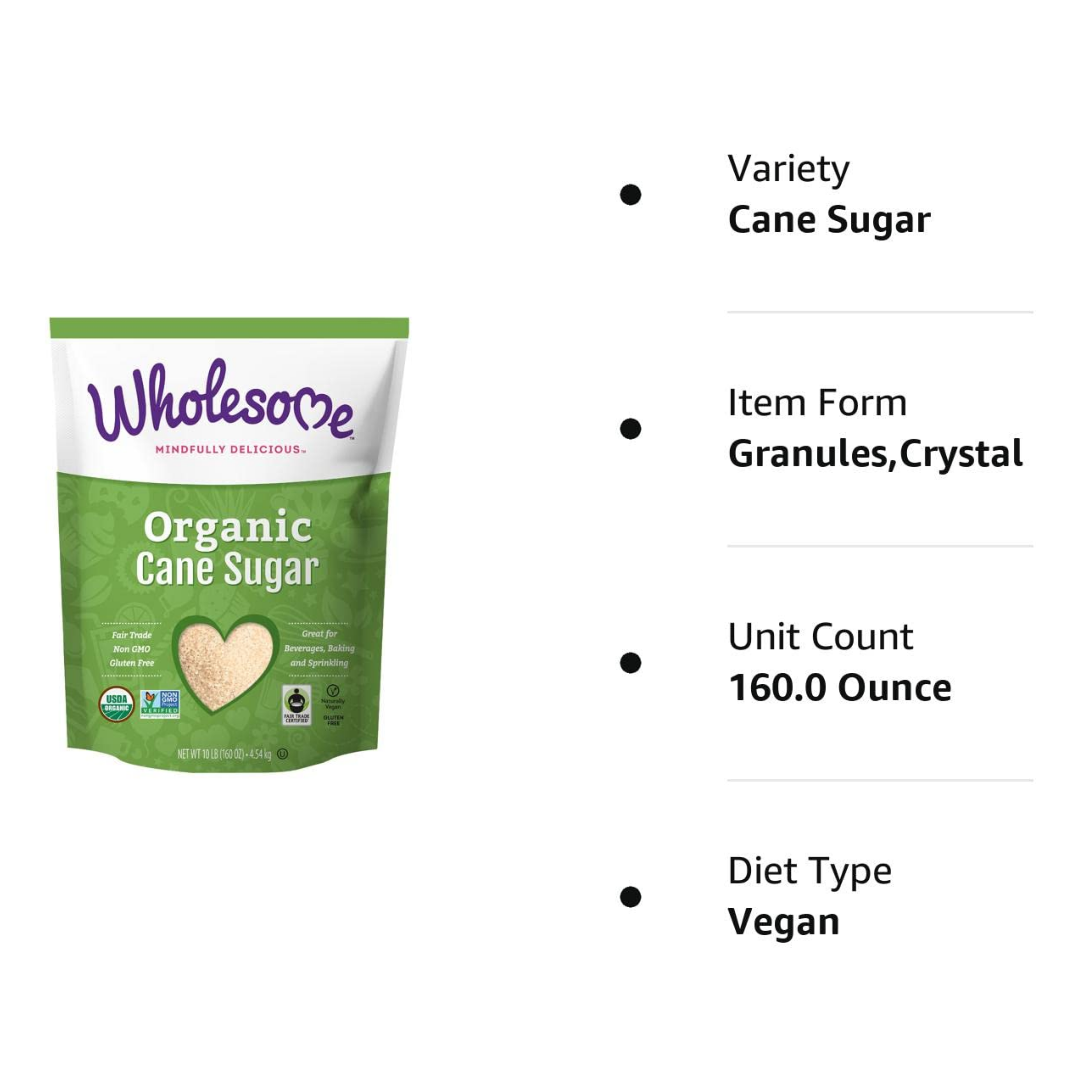 Wholesome Organic Cane Sugar, Fair Trade, Non GMO & Gluten Free, 10 Pound (Pack of 1) - Packaging May Vary - Horizon Bliss