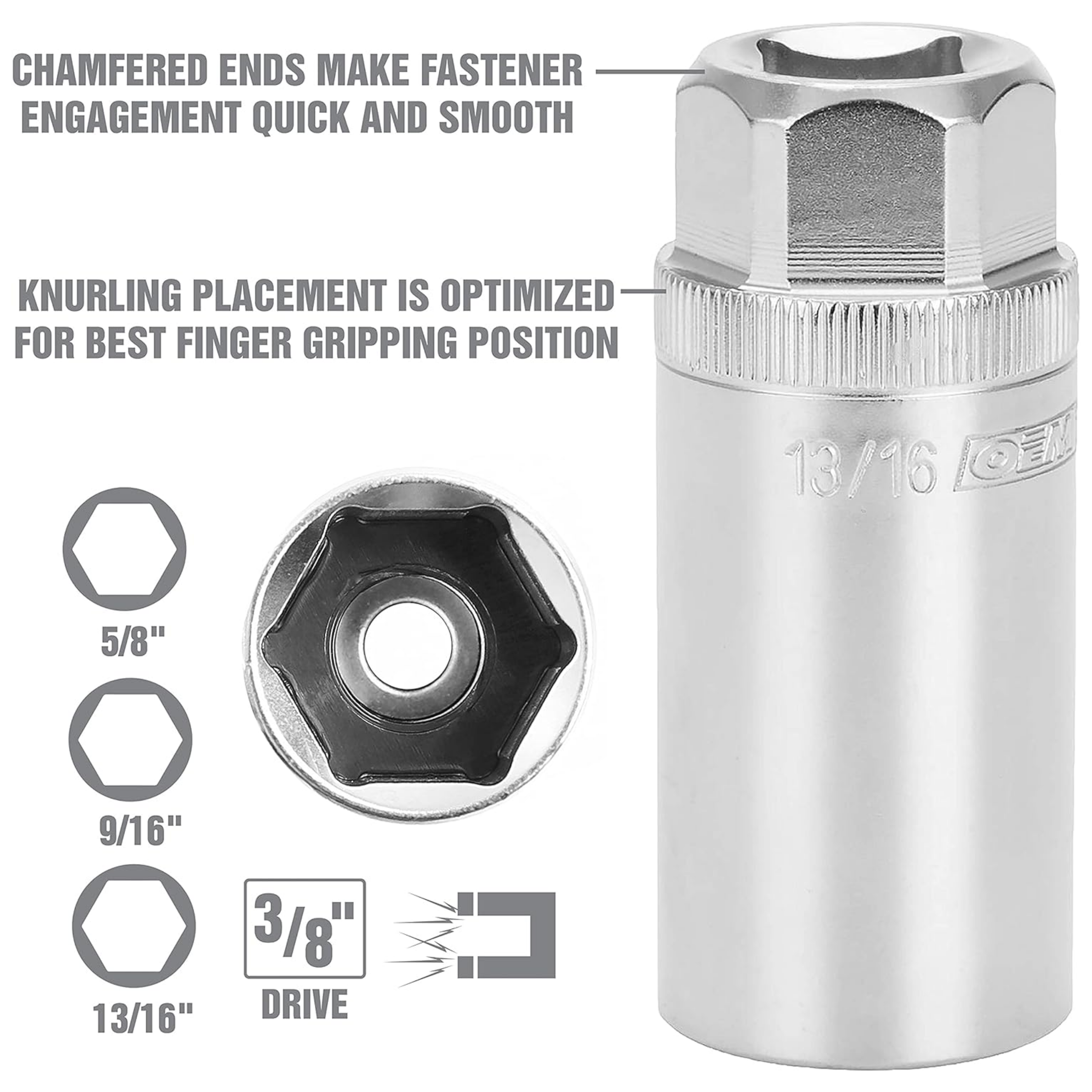 22891 3/8 Drive Magnetic Spark Plug Socket Set, Contains 5/8" (16 mm), 9/16", and 13/16" 6 Point Deep Sockets, Fits Most Car Spark Plugs - Horizon Bliss