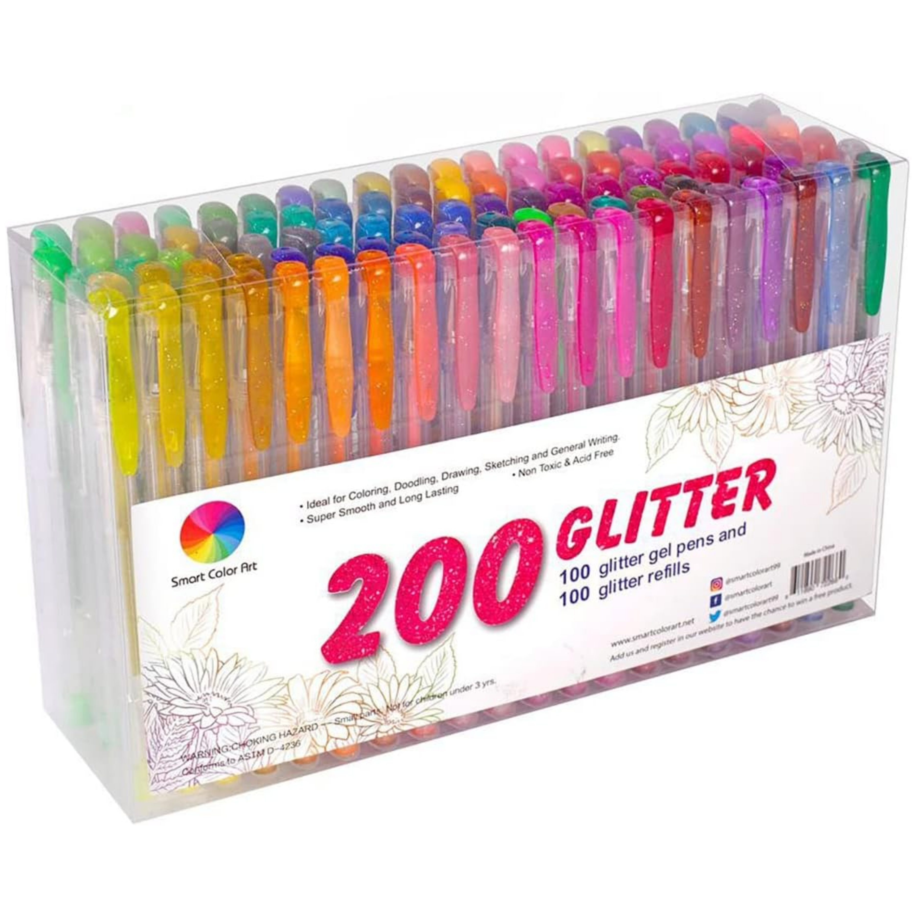 200 Pack Glitter Gel Pens Set, Smart Color Art 100 Colors Gel Pens with 100 Refills for Adult Coloring Books Drawing Painting Writing - Horizon Bliss