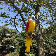 Hanging Parrot Statue Sculpture On Metal Round Ring Decor for Patio Garden Lawn and Nature Lovers Tropical Bird Collectors by Gifts, 10 inches Long Yellow - Horizon Bliss