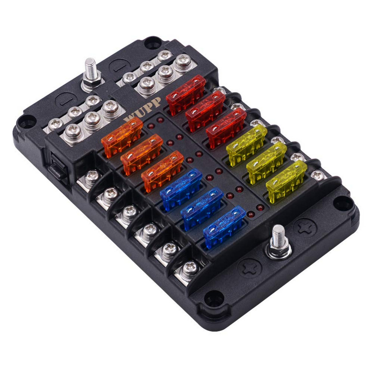 Boat Marine Fuse Block Panel with LED Warning Indicator Damp-Proof Cover - 12 Circuits with Negative Bus Fuse Box Holder Screw for Car Marine RV Truck DC 12-24V, Fuses Included - Horizon Bliss