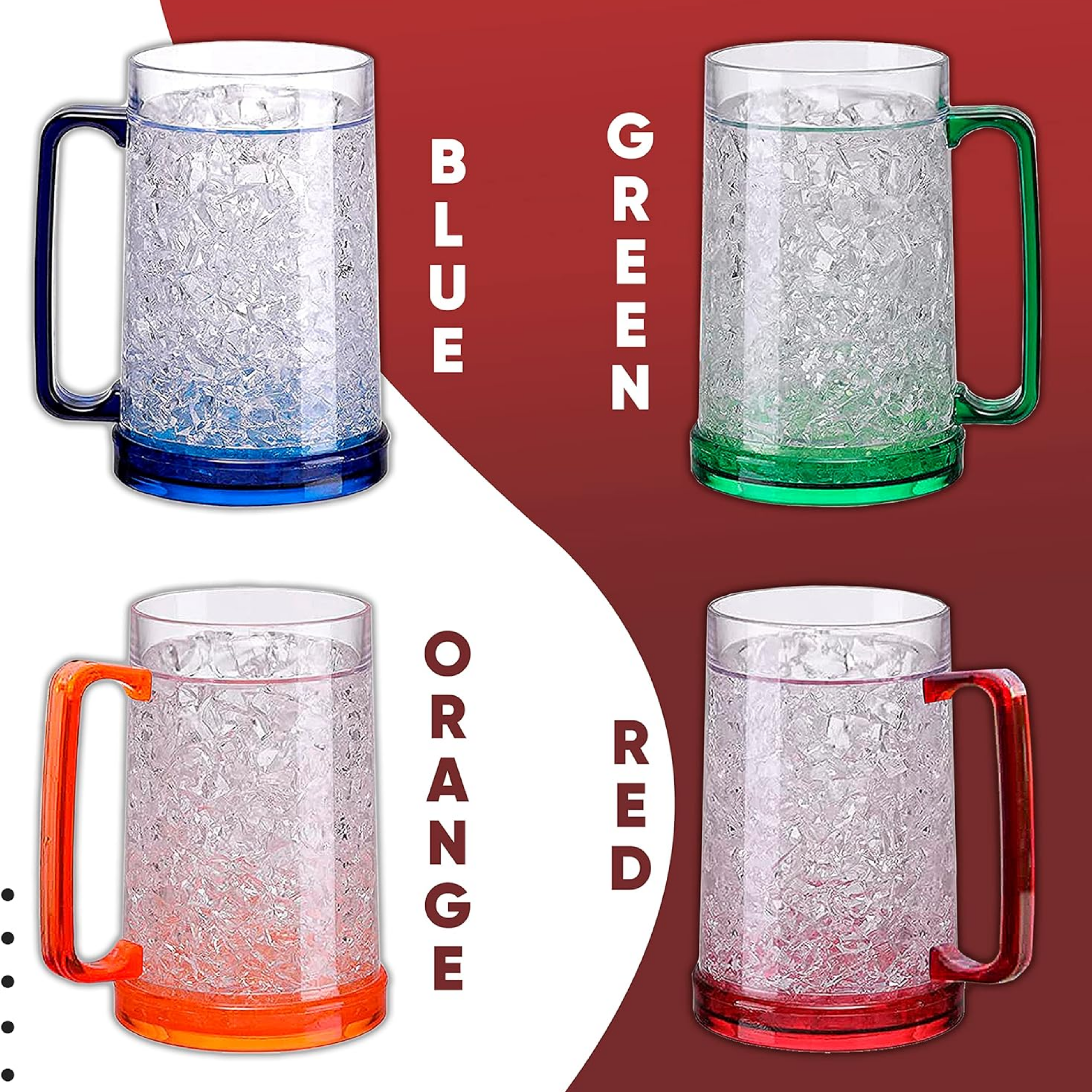 Beer Mugs with Gel Freezer 16 oz, Double Walled Beer Mugs with Handles, Color Handles Set Of 4 - Horizon Bliss