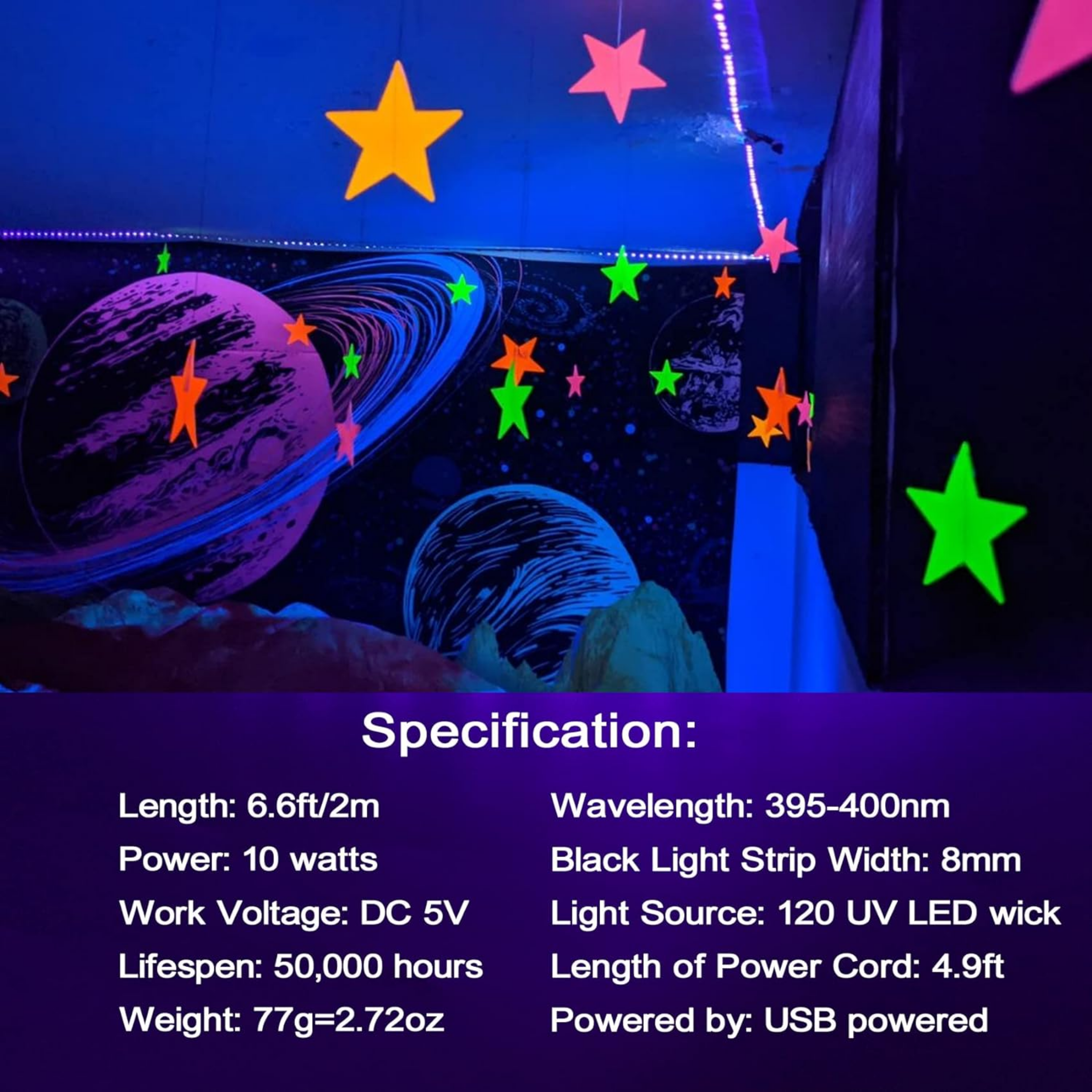 6.6FT/2M LED Black Light Strip - 120 Units LED UV Wick 395-400nm, USB DC 5V Flexible Blacklight Fixtures, 10W Blacklight Strip for Indoor Decor, Glow Poster, Bedroom, Playroom, Halloween, Dark Party - Horizon Bliss