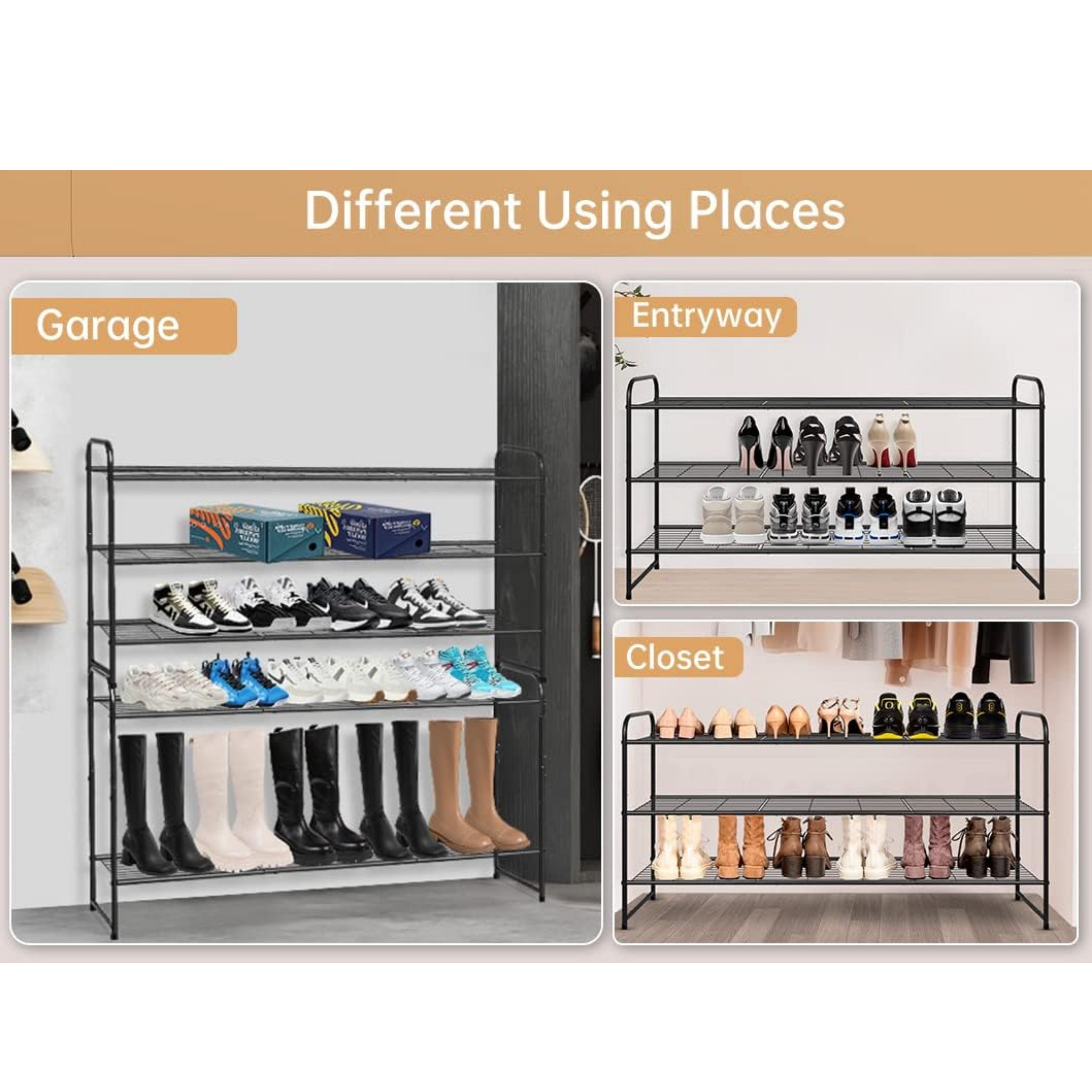 3-Tier Long Shoe Rack for Closet Metal Shoe Organizer for Entryway, Wide Stackable Shoe Storage Shelf with Sturdy Wire Grid for Closet Floor, Bedroom, Black - Horizon Bliss