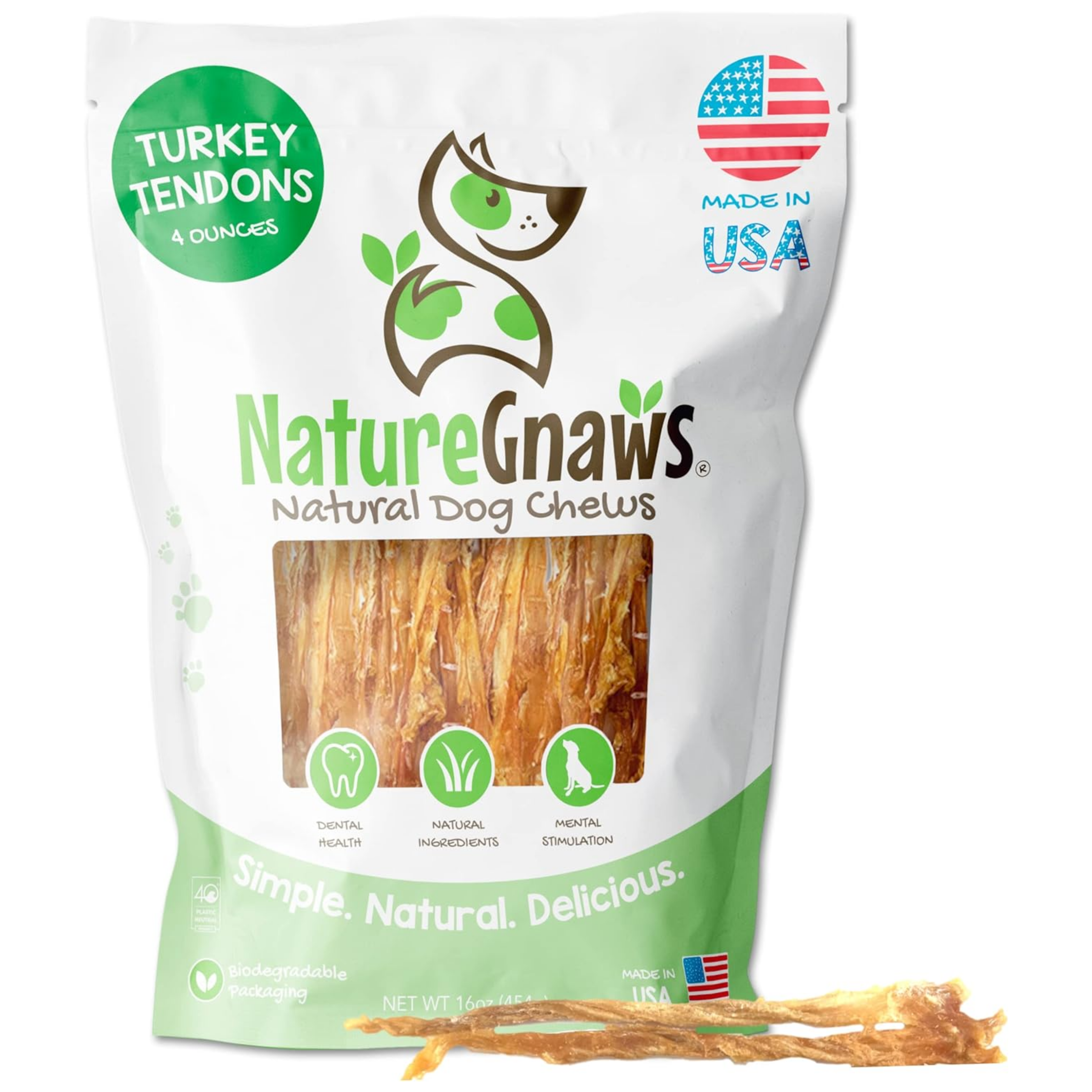 USA Turkey Tendons for Dogs - Premium Natural Chew Treats - Delicious Reward Snack for Small Medium & Large Dogs - Made in The USA 4 oz Bag