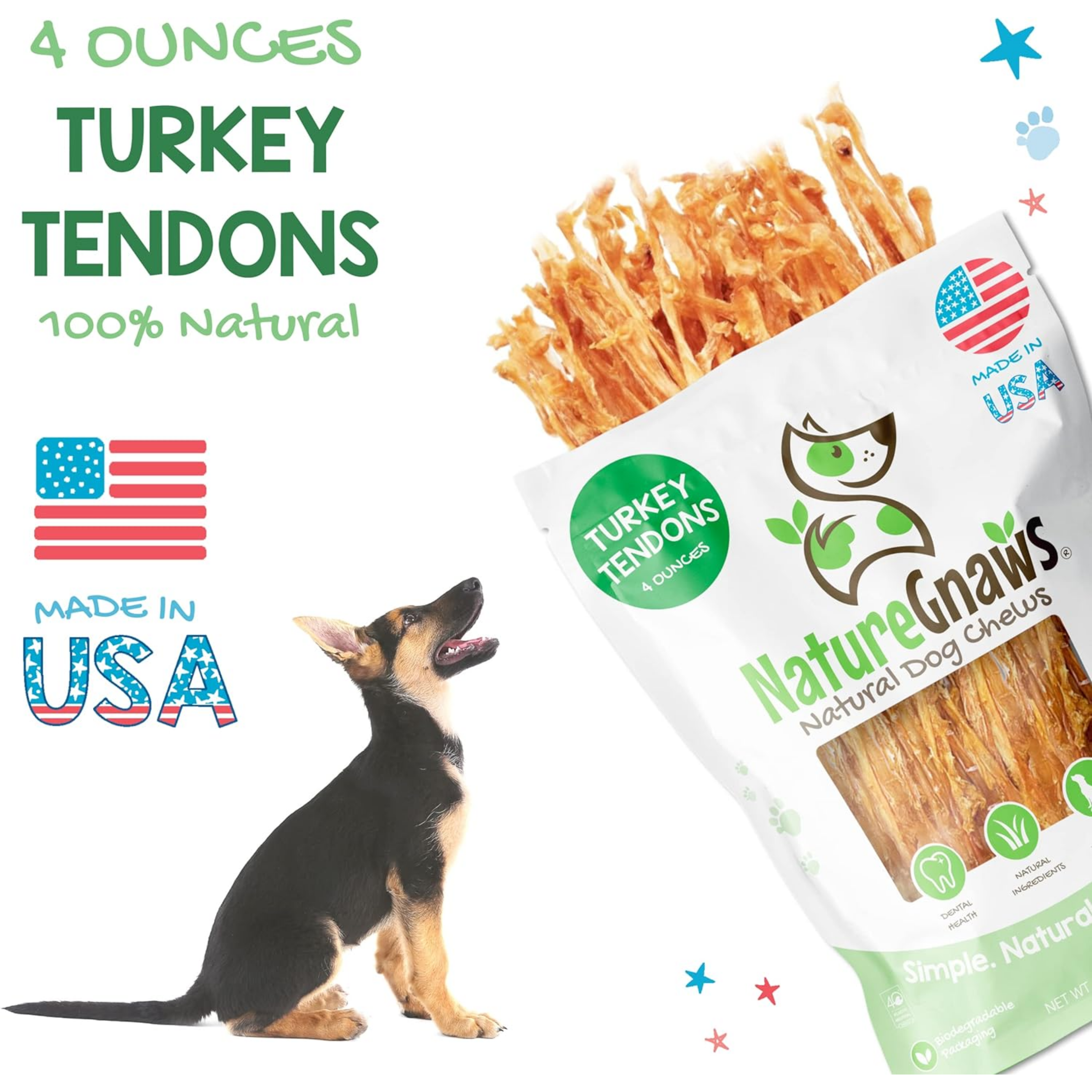 USA Turkey Tendons for Dogs - Premium Natural Chew Treats - Delicious Reward Snack for Small Medium & Large Dogs - Made in The USA 4 oz Bag