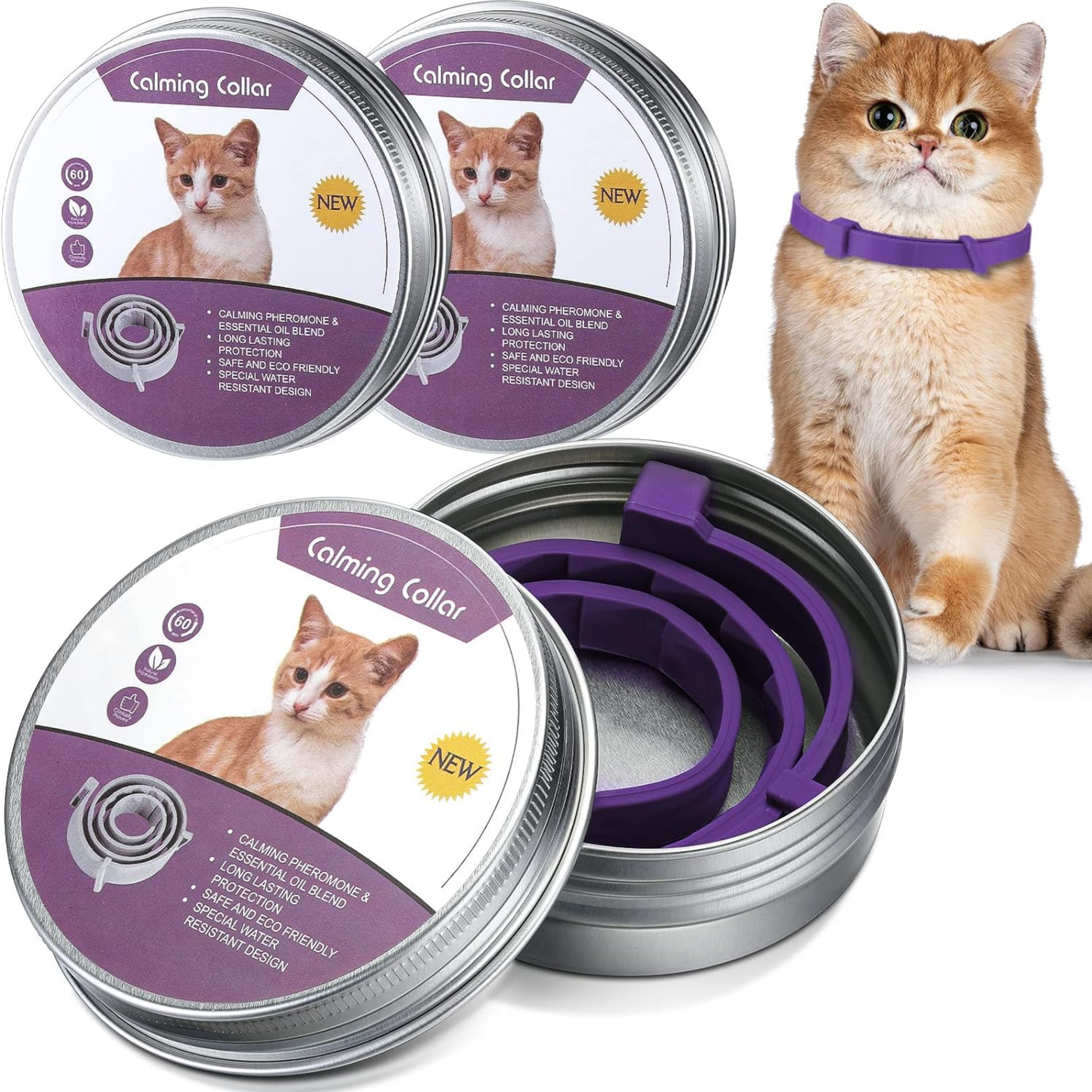 3 Pcs Cat Adjustable Calming Collar, Reduce Anxiety Cat Collars for Pets, Calm Collar Pacify Kitten, Suitable for Small, Medium and Large Cats, 15 Inches (Purple) - Horizon Bliss