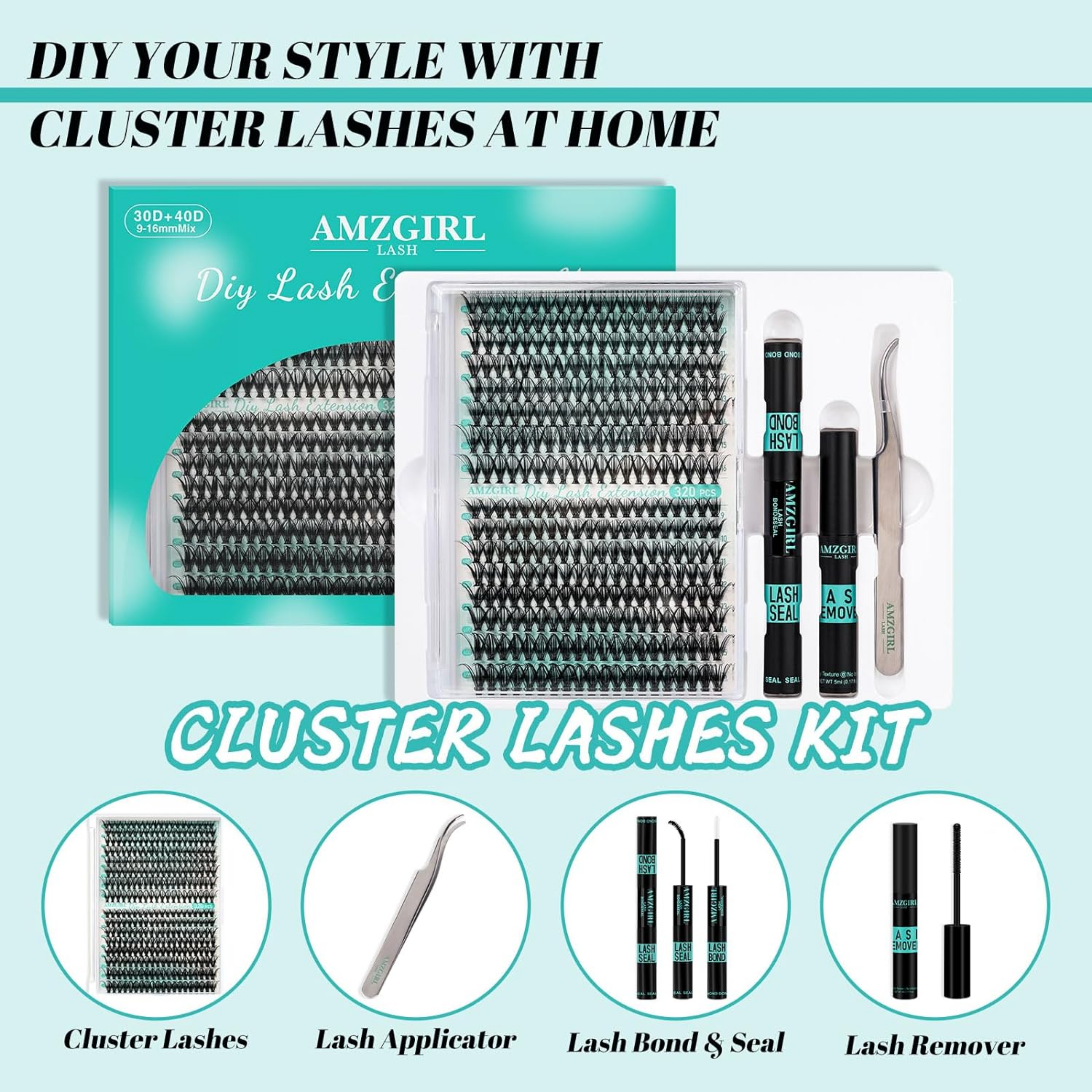 Lash Extension Kit 320Pcs,DIY Individual Lashes Clusters Kit,Lash Bond And Seal,Lash Remover For Eyelashes Extensions,Lash Applicator Tool For False Eyelash Cluster Kit At Home(3040D,D-Mix9-16mm Kit) - Horizon Bliss