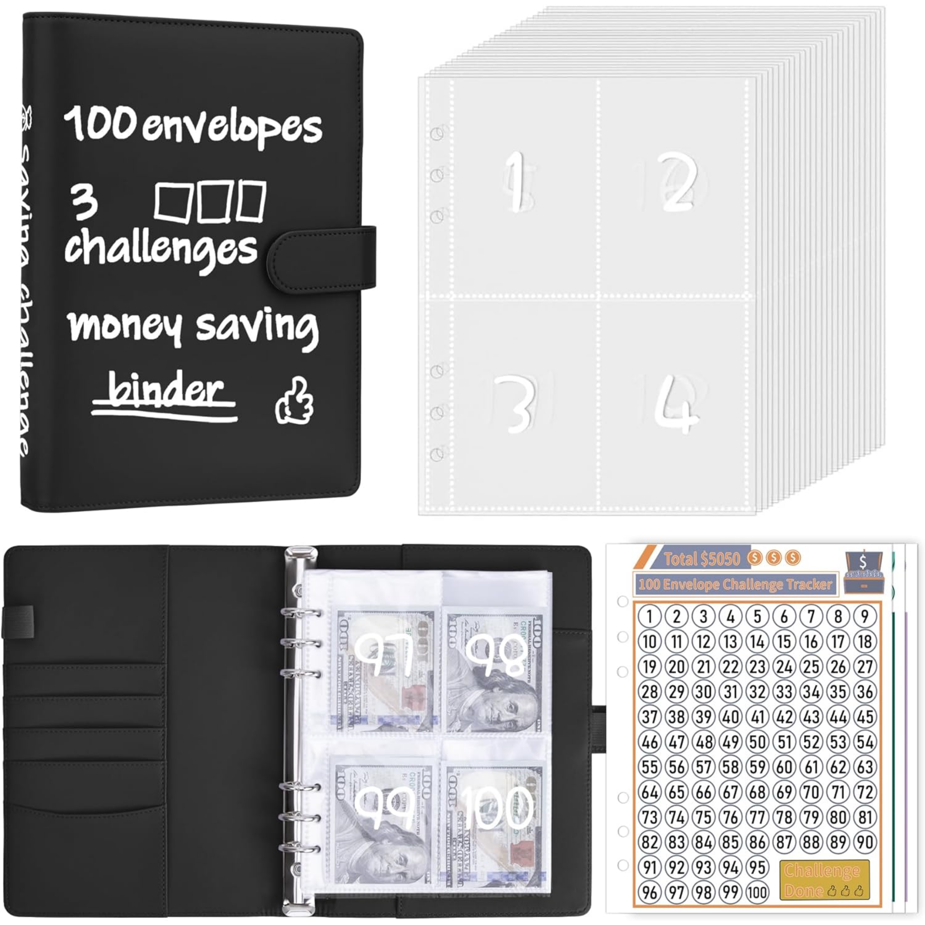 100 Envelopes Money Saving Challenge Binder, A5 Budget Planner Savings Challenge Books with Cash Envelopes, Easy and Fun Way to Save $5,050, 500, 10,000, Savings Binder for Budgeting, Black - Horizon Bliss