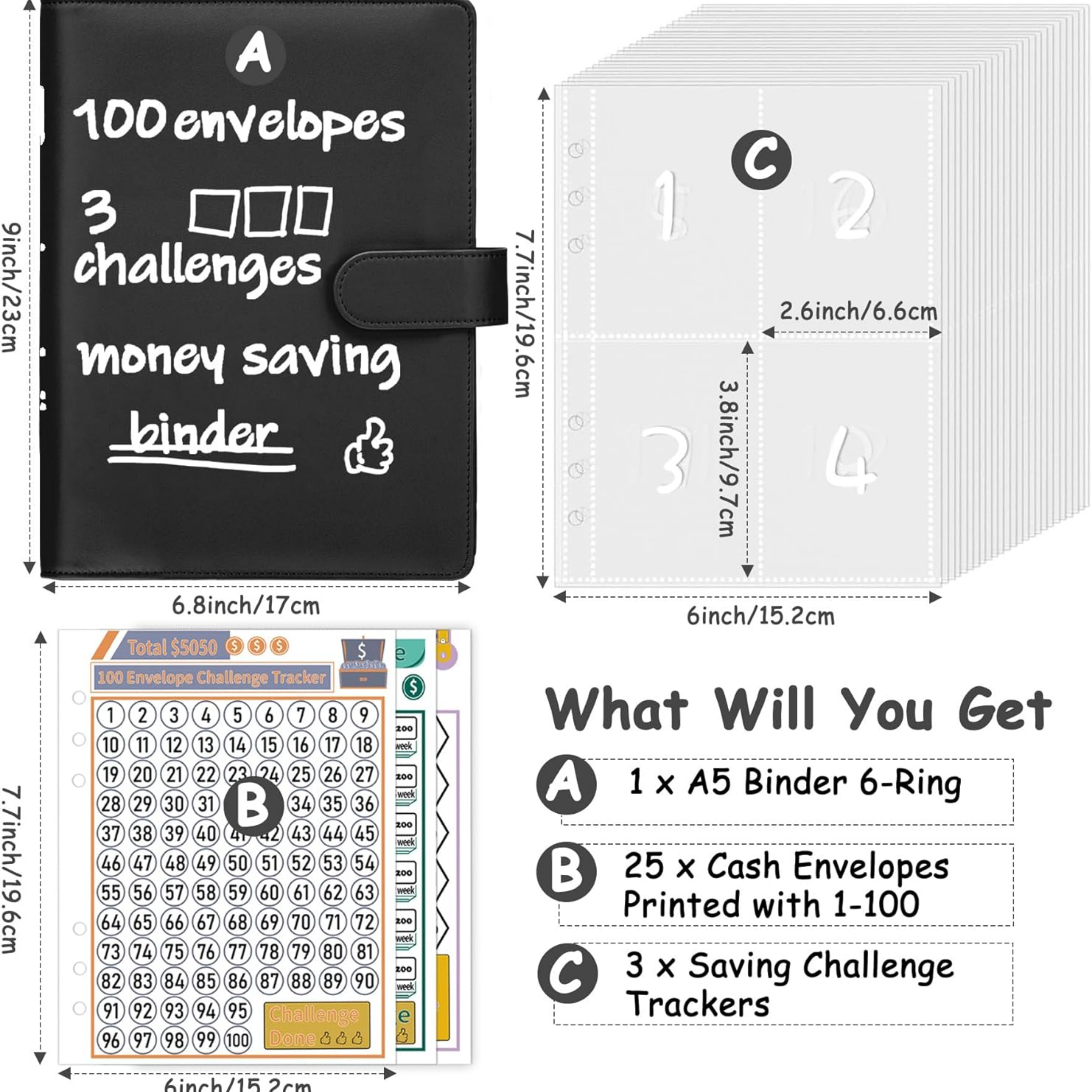 100 Envelopes Money Saving Challenge Binder, A5 Budget Planner Savings Challenge Books with Cash Envelopes, Easy and Fun Way to Save $5,050, 500, 10,000, Savings Binder for Budgeting, Black - Horizon Bliss