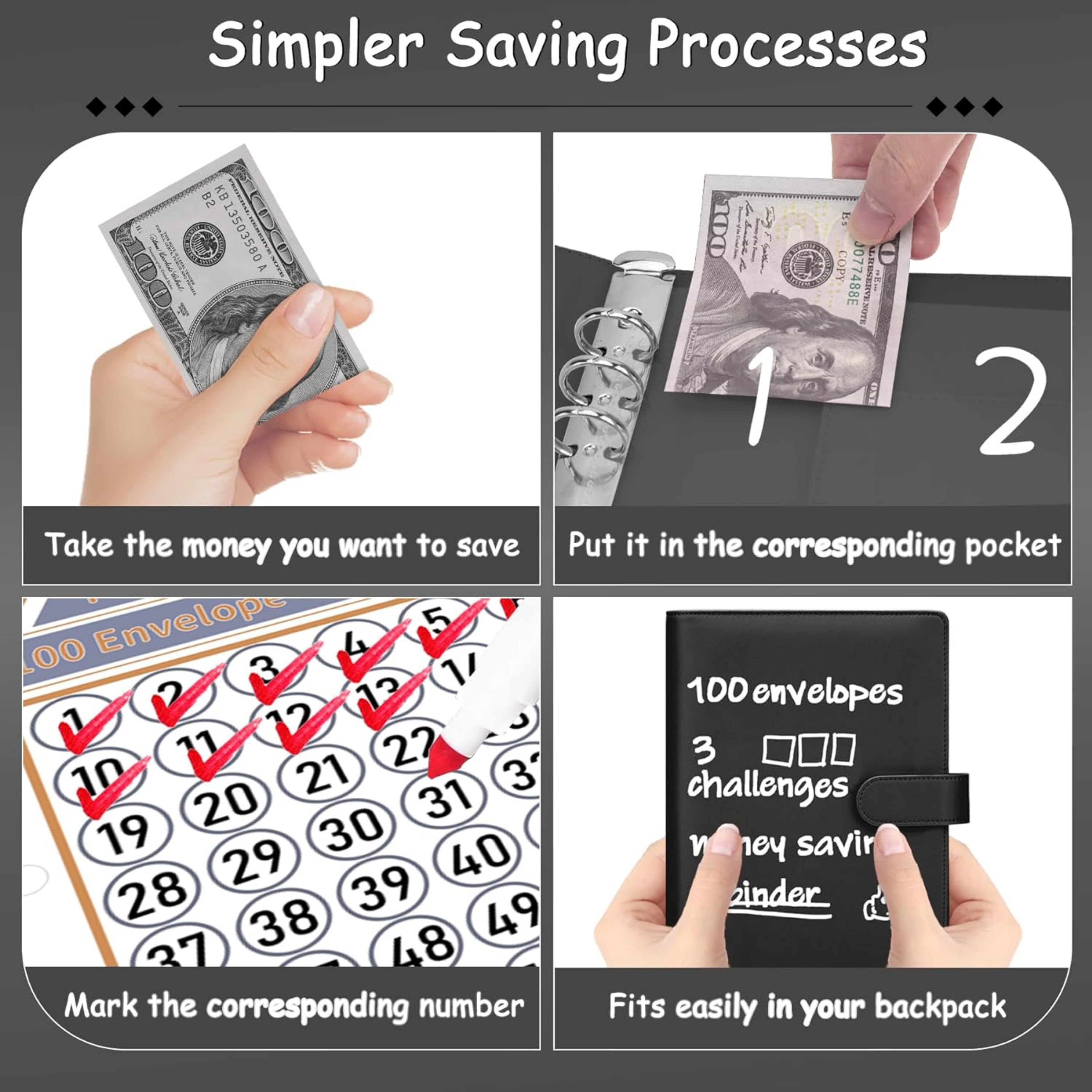 100 Envelopes Money Saving Challenge Binder, A5 Budget Planner Savings Challenge Books with Cash Envelopes, Easy and Fun Way to Save $5,050, 500, 10,000, Savings Binder for Budgeting, Black - Horizon Bliss