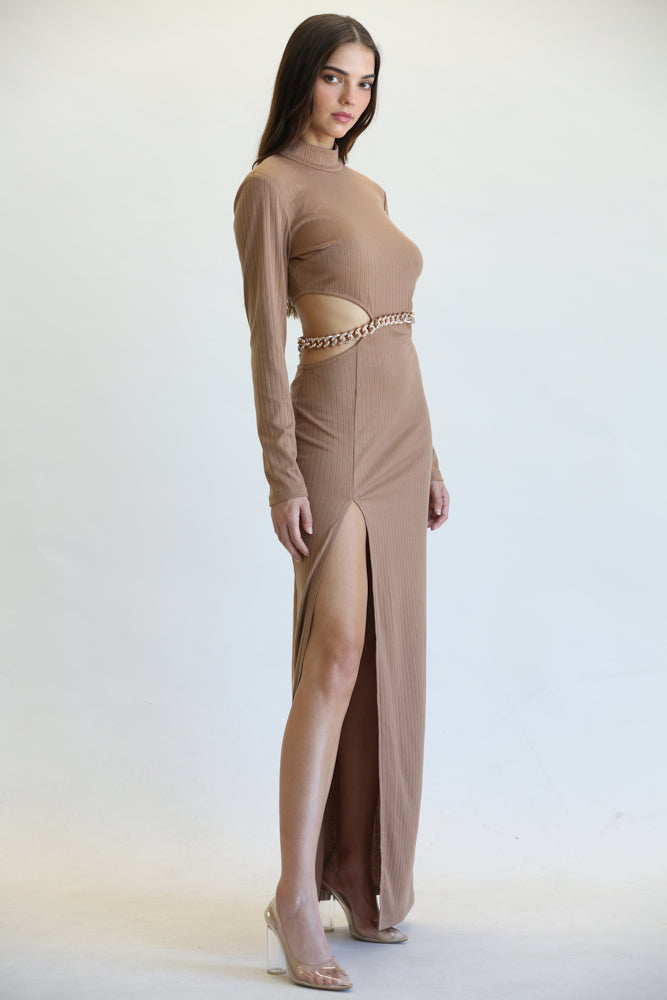 Sleek Chain-Belt Slit Dress