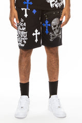 Bejewelled Chrome Skull Shorts - Horizon Bliss