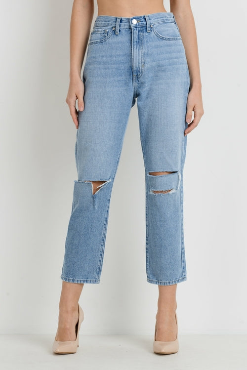 JUST BLACK DENIM HIGH WAISTED RELAXED FIT KNEE TEAR ANKLE LENGTH JEAN - Horizon Bliss