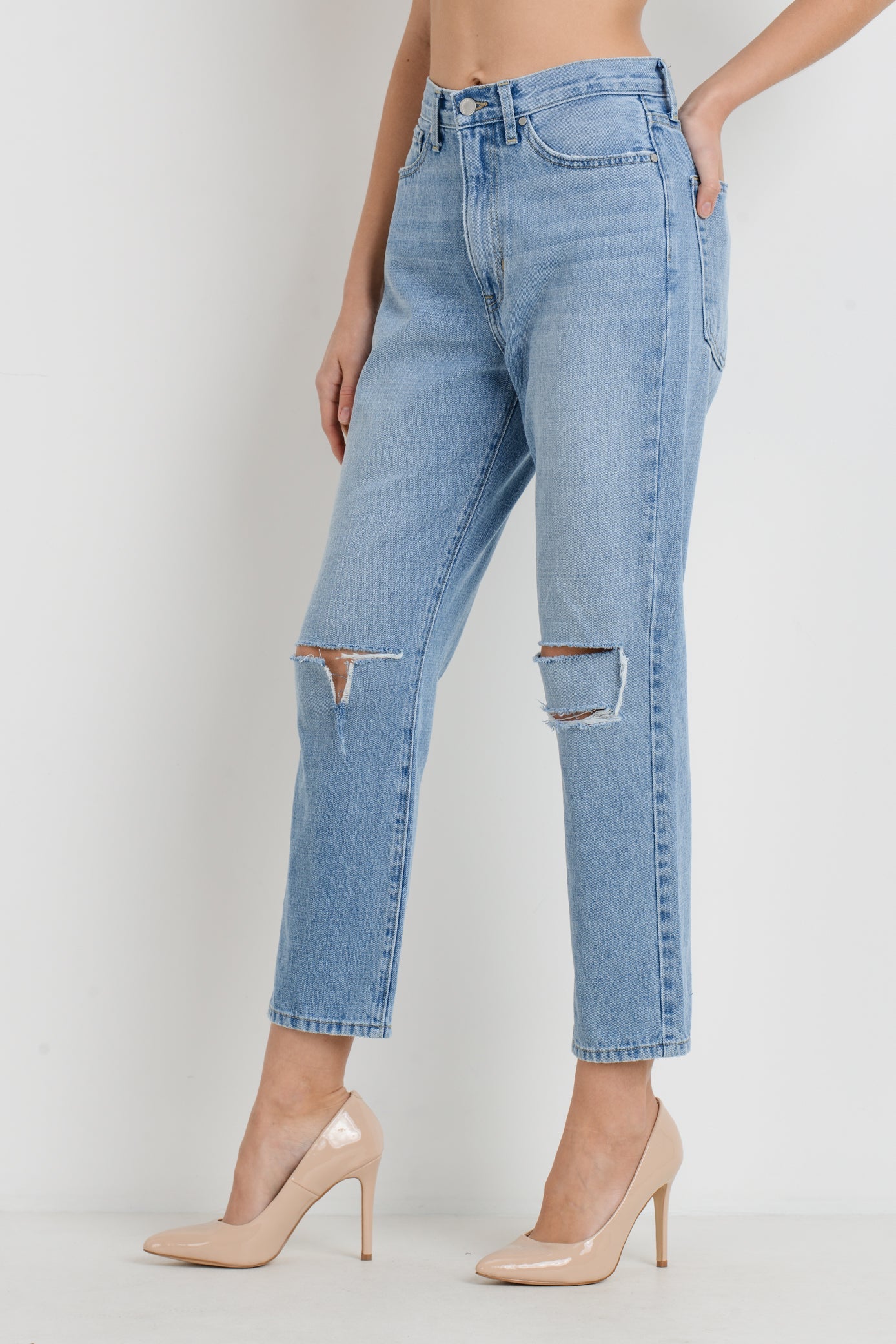 JUST BLACK DENIM HIGH WAISTED RELAXED FIT KNEE TEAR ANKLE LENGTH JEAN - Horizon Bliss