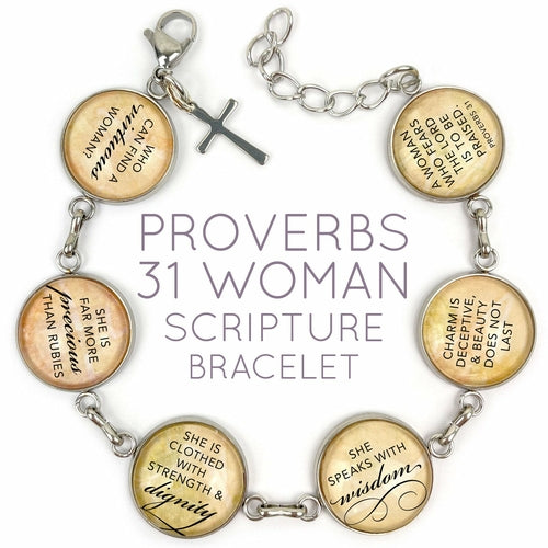 Proverbs 31 Woman Scripture Bracelet – Glass Charm Stainless Steel - Horizon Bliss