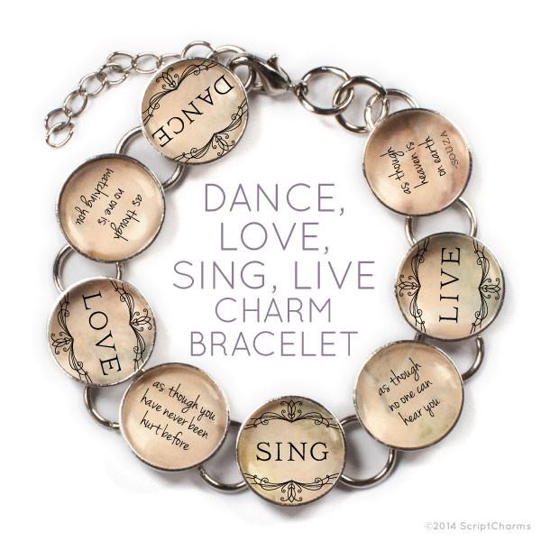 Dance, Love, Sing, Live - Glass Charm Bracelet with Heart Charm - Horizon Bliss