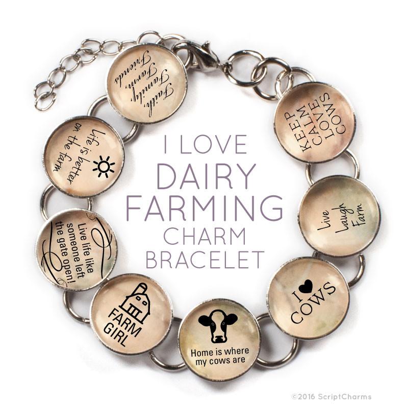 I Love Dairy Farming - Cow Glass Charm Bracelet with Heart Charm - Horizon Bliss