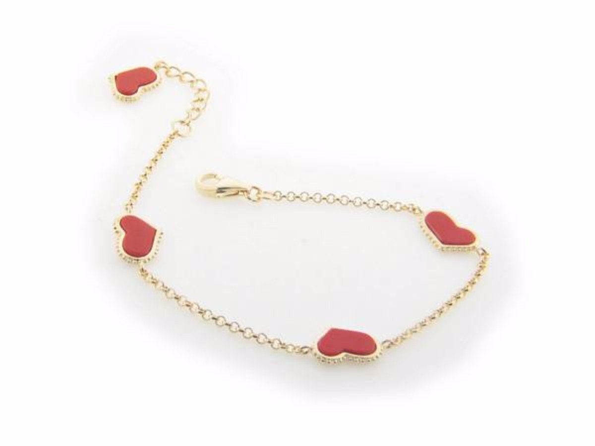 Fronay 762113C 7 & 1 in. Four Coral Hearts Charms Bracelet in Vermeil - Horizon Bliss