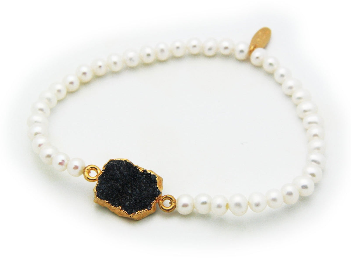 Fronay 212148B Black Druzy Mini Fresh Water Pearls Elastic Bracelet in - Horizon Bliss