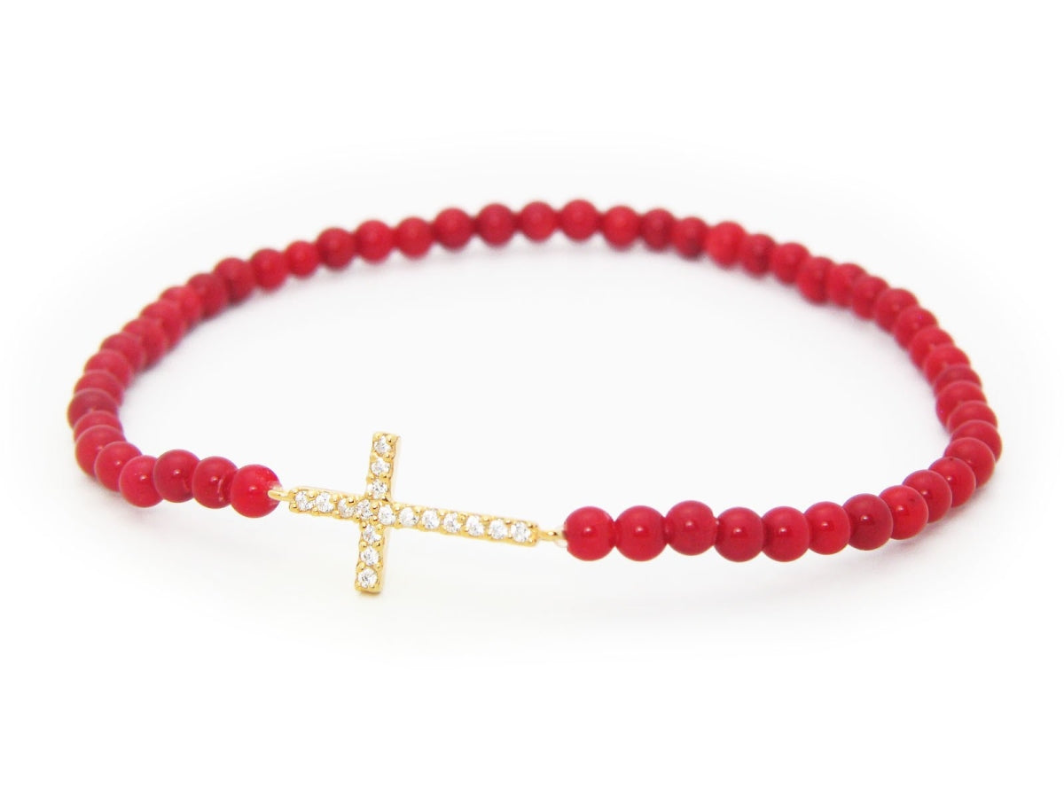 Fronay 212282C Elastic Red Coral Sparkling Cubic Zirconia Cross Bracel - Horizon Bliss