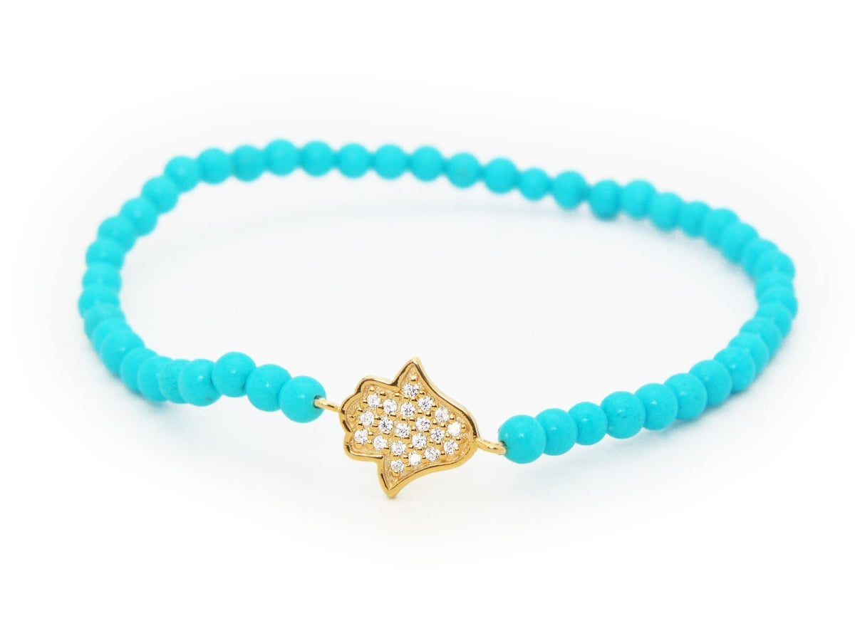 Fronay 2G2398T Elastic Turquoise Beads Sparkling Hamsa Hand Bracelet i - Horizon Bliss