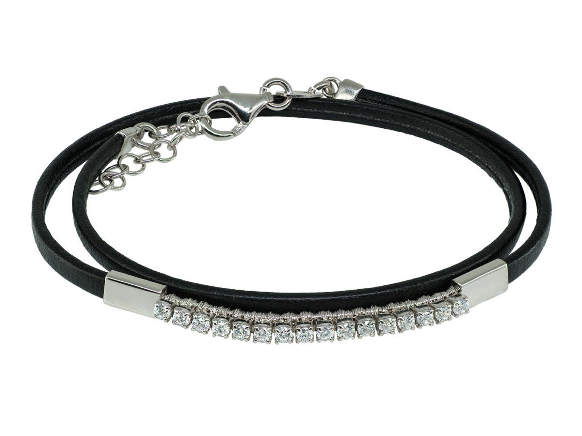 Fronay 366102 Double Layer Cubic Zirconia Black Leather Wrap Bracelet - Horizon Bliss