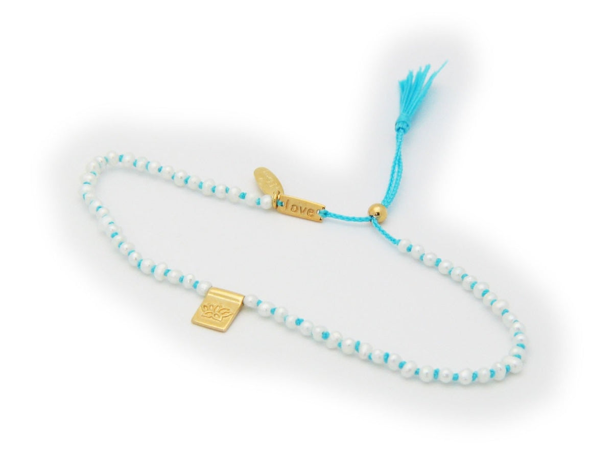 Fronay 552107T Lotus Flower & Pearls Blue Cord Bracelet in Gold Plated - Horizon Bliss