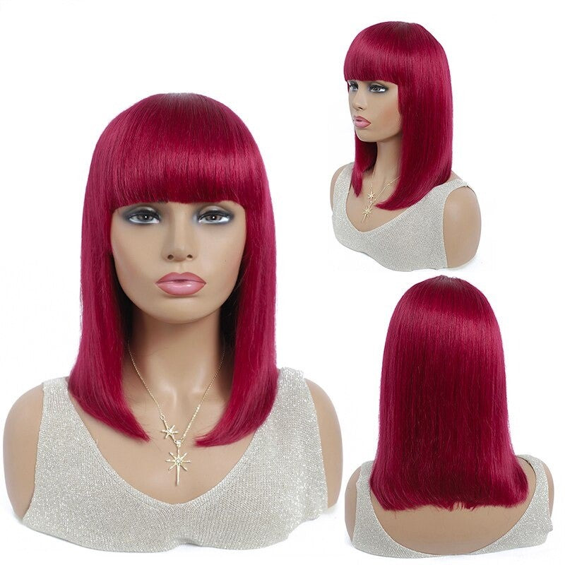 #613 Brazilian 99J Burgundy Short Bob Remy Straight Human Hair Wigs Wi - Horizon Bliss