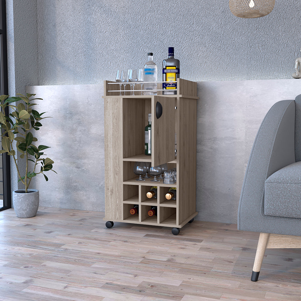 Bar Cart with Casters Reese, Six Wine Cubbies and Single Door, Light - Horizon Bliss